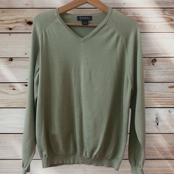 Brooks Brothers Italian Mercerized Cotton V Neck Pull On Green Sweater Mens Sz L - Picture 1 of 3